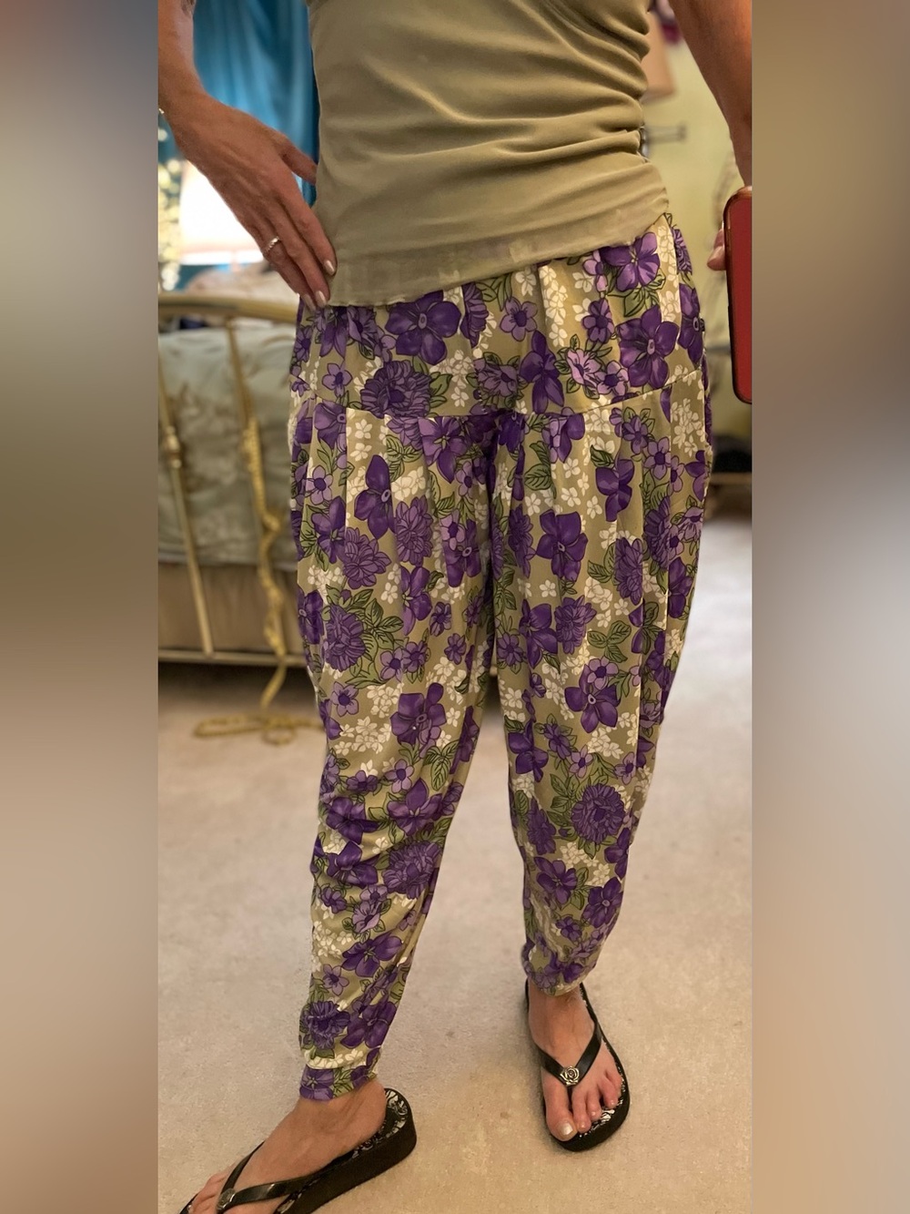 Floral High-Waist Harem Pants in Purple and Cream genie parachute lightweight Sm